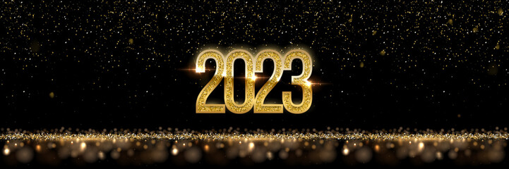 Poster - 2023 happy new year greeting card vector illustration. 2023 golden numbers with gold falling confett