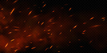 Realistic Fire Sparks On Transparent Background. Vector Illustration Of Burning Particles And Smoke