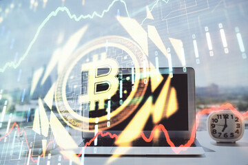 Aufkleber - Double exposure of blockchain and crypto economy theme hologram and table with computer background. Concept of bitcoin cryptocurrency.