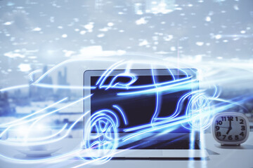 Poster - Desktop computer background in office with automobile hologram drawing. Multi exposure. Tech concept.