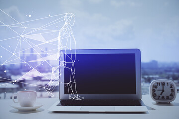 Poster - Desktop computer background in office and start up theme hologram drawing. Double exposure. Startup concept.
