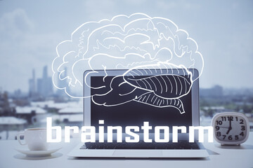 Poster - Desktop computer background in office and start up theme hologram drawing. Double exposure. Startup concept.
