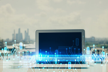 Poster - Multi exposure of table with computer on background and data theme drawing. Concept of innovation.