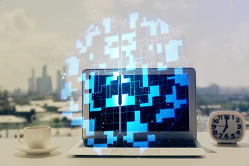 Poster - Multi exposure of table with computer on background and data theme drawing. Concept of innovation.