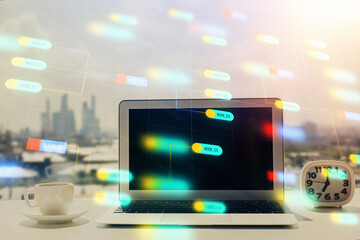 Poster - Multi exposure of table with computer on background and data theme drawing. Concept of innovation.