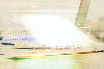 Poster - Double exposure of desktop with personal computer on background and tech theme drawing. Concept of data analysis.