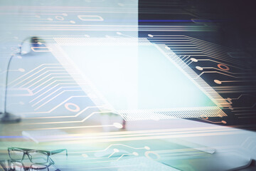 Aufkleber - Double exposure of desktop computer and technology theme hologram. Concept of software development.