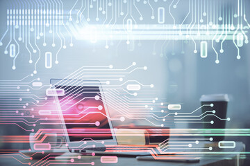 Poster - Technology theme drawing and work space with computer. Double exposure. Concept of innovation.