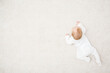 Baby in white bodysuit crawling on knee and arms on light beige home carpet background. Top down view. 5 to 6 months old infant development. Empty place for text.