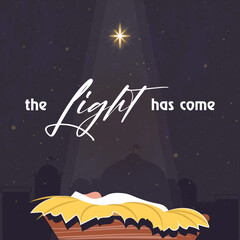 Wall Mural - Christmas scene of baby Jesus in the manger at night with big Bethlehem star minimalistic background. Christian Nativity with text the light has come, vector banner. The birth of Jesus template