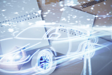 Poster - Tech autopilot theme hologram over woman's hands taking notes background. Concept of hightech. Double exposure