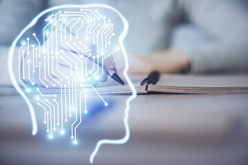Poster - Double exposure of woman's writing hand on background with brain hud. Concept of learning.