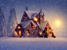 Haus Im Winterwunderland, Weihnachtlich Mit Lichter, Weihnachten, Illustration