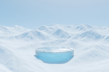 Wall Mural - 3d render platform and ice podium background on ice snow mountain with snow covered floor for produc