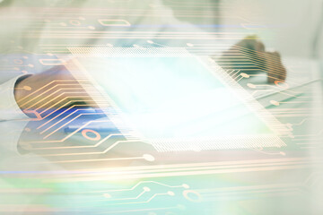 Poster - Multi exposure of tech drawings with man working on computer background. Concept of innovation.