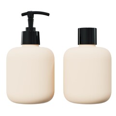 Wall Mural - set of two care product bottles 3d render mockup, beige plastic lotion dispenser and shampoo bottle 