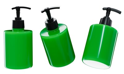 Wall Mural - cosmetic dispenser mockup 3d render, green plastic care product bottle template isolated on white ba