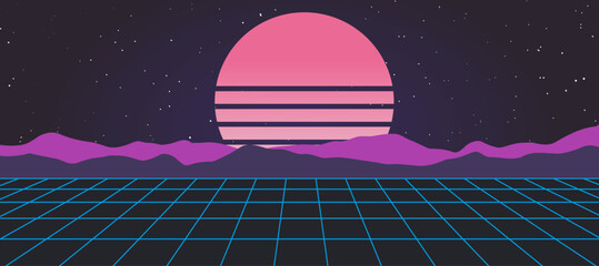 Vector futuristic synth retro wave illustration in 1980s posters style. Synthwave, retrowave wallpaper designs.