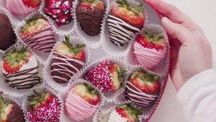 Sticker - Flat lay. Step by step. Variety of chocolate dipped strawberries in a heart shaped gift box on a white background.