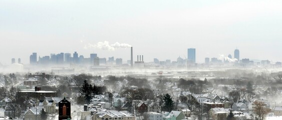 Canvas Print - Beautiful shot of the skyline of Boston covered in snow on a winter morning