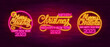 © epifantsev - Merry Christmas and Happy New Year 2023 lettering. Vector glowing neon signs. Xmas card.