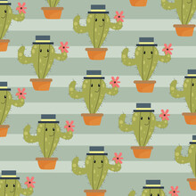 Seamless Cartoon Pattern With Cute Cowboy Cactus Doodle