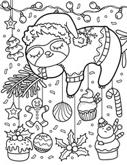 The sloth sleeps on the Christmas tree. Christmas tree toys. Christmas and New Year. Coloring book for children. Black and white vector illustration.