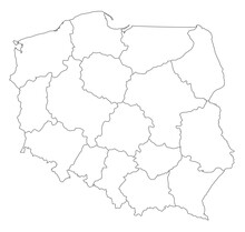 Simple Map Of Poland With Hollow Voivodeships Isolated With Transparent Background. Illustration From Vector. Only Borders.
