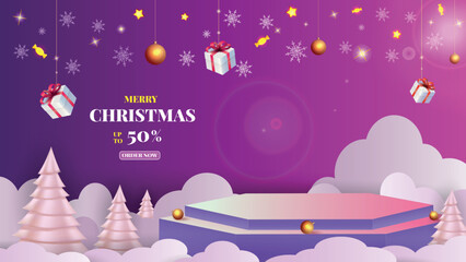 Poster - 3d merry christmas banner, gift sale. Santa products on promotion display, podium red premium decoration. Fallen wrapped boxes, showcase for product presentation. Vector design background