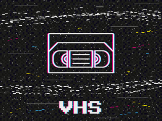 Wall Mural - VHS cassettes. Noise text. Television signal. Retro 80s screen. Analog video play and stop. Recorder tape rewind backdrop. Grainy black TV display screen. Abstract background. Vector banner