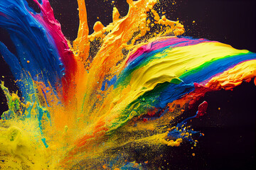 Wall Mural - exploding liquid paint in rainbow colors with splashes black background, generative ai illustration