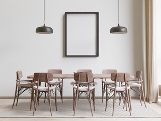 Dining room and kitchen copy space on white background, front view,3D rendering