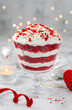 Christmas  trifle red velvet cake in a glass. Festive layered dessert. Selective focus