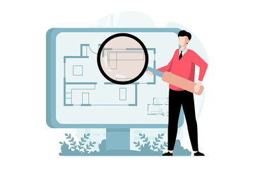 Poster - Real estate concept with people scene in flat design. Man with huge magnifier studies house blueprint or apartment plan before choosing and buying. Illustration with character situation for web