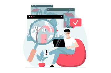 Poster - Real estate concept with people scene in flat design. Man with magnifier studies options for houses for sale and chooses location of new home. Illustration with character situation for web