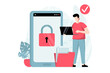 SaaS concept with people scene in flat design. Man manages files and information in cloud storage using secure access from mobile phone and laptop. Illustration with character situation for web