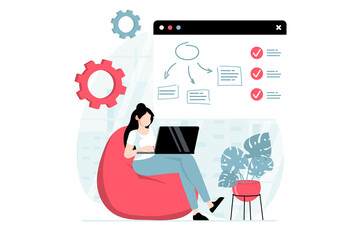 Aufkleber - SaaS concept with people scene in flat design. Woman buys software as a service and uses cloud technology to manage files and optimization process. Illustration with character situation for web
