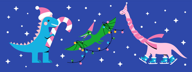 Wall Mural - Funny cartoon dinosaurs with candy cane and Christmas lights on blue background. Abstract geometric Holiday Dino horizontal banner. Hand drawn modern style vector illustration