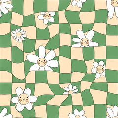 Wall Mural - Seamless groovy checked and smiling daisy pattern in 60s style. Hippy vector background. Colourful vintage textile, wrapping paper design.