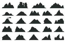 Cartoon Mountains Silhouettes, Black Outdoor Landscape Elements. Nature Rocks, Expedition Or Hiking Mountain Peaks Mountain Peak Silhouette Flat Vector Illustration. Mountain Silhouettes Collection