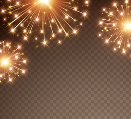 Wall Mural - fireworks lights effect isolated on transparent background. vector golden festival new year rockets 
