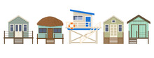 Cartoon Summer Beach Huts, Beach Houses. Bungalow Beach Summer Vacation Huts, Marine Sandy Buildings Flat Vector Illustration On White Background