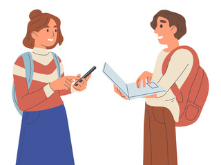 Wall Mural - Classmates standing together with gadgets and backpacks. College or high school students, girl and boy chatting flat vector illustration on white background