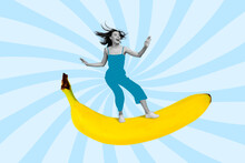 Creative Collage Image Of Excited Overjoyed Girl Black White Gamma Ride Huge Banana Isolated On Painted Background