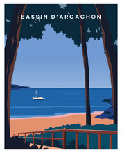 Travel Poster Coastline Of Bassin Arcachon Bay In France. Vector Landscape Illustration With Flat Style For Poster, Card, Postcard, Print, Etc.