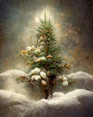 Wall Mural - Beautiful evergreen tree in winter snow holiday illustration. Digital matte painting