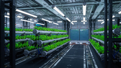 Poster - Green plants growing in a futuristic space station or ship. Science fiction interior 3D rendering.