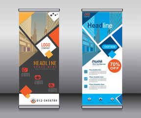 Wall Mural - Roll up banner template design, banner, layout, advertisement, pull up, polygon background, vector illustration, business flyer, display, x-banner, flag-banner, Info graphics, presentation.