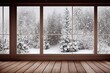 © Generative Professor - Empty room with wooden floor and window with winter view, fir trees in snow. Generative AI Illustration