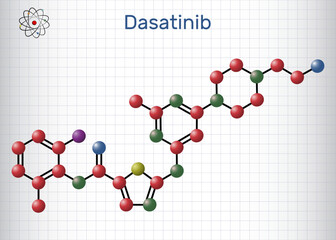 Poster - Dasatinib molecule. It is used to treat of myelogenous leukemia, CML, and acute lymphoblastic leukemia, ALL. Structural chemical formula, molecule model. Sheet of paper in a cage